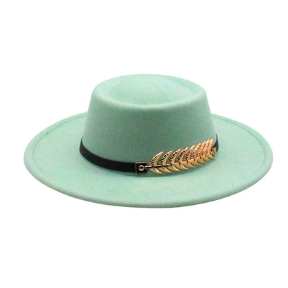 Mint green felt fedora hat by Stevvex with short brim, black band and gold laurel detail on Tampa Home & Garden Store