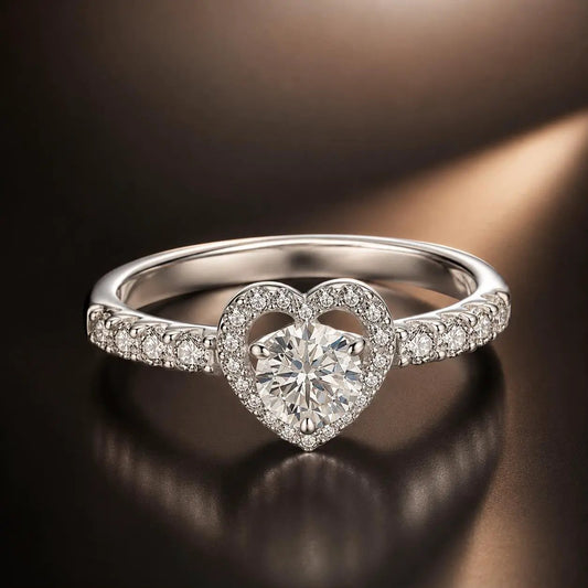 Sterling silver moissanite heart ring with halo and pave band, 0.5ct center, women size 6 on Tampa Home & Garden Store