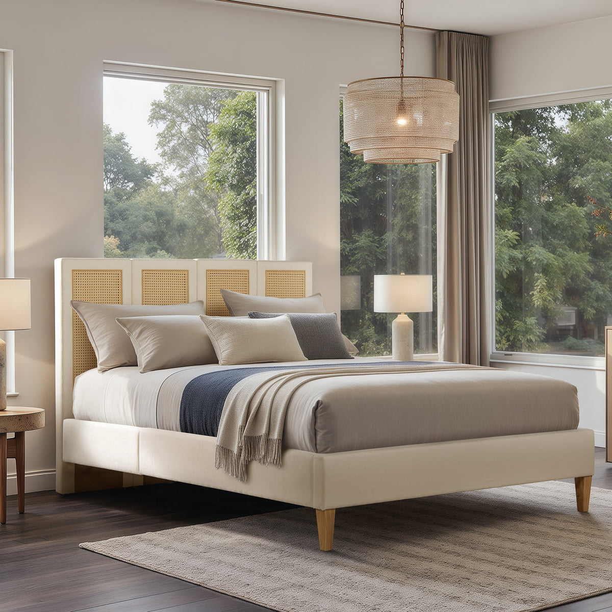 Toscana Queen Upholstered Cane Back Platform Bed beige fabric by HouseOfZazla on Tampa Home & Garden Store
