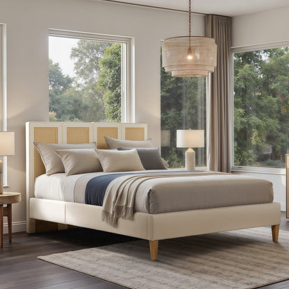 Toscana Queen Upholstered Cane Back Platform Bed beige fabric by HouseOfZazla on Tampa Home & Garden Store