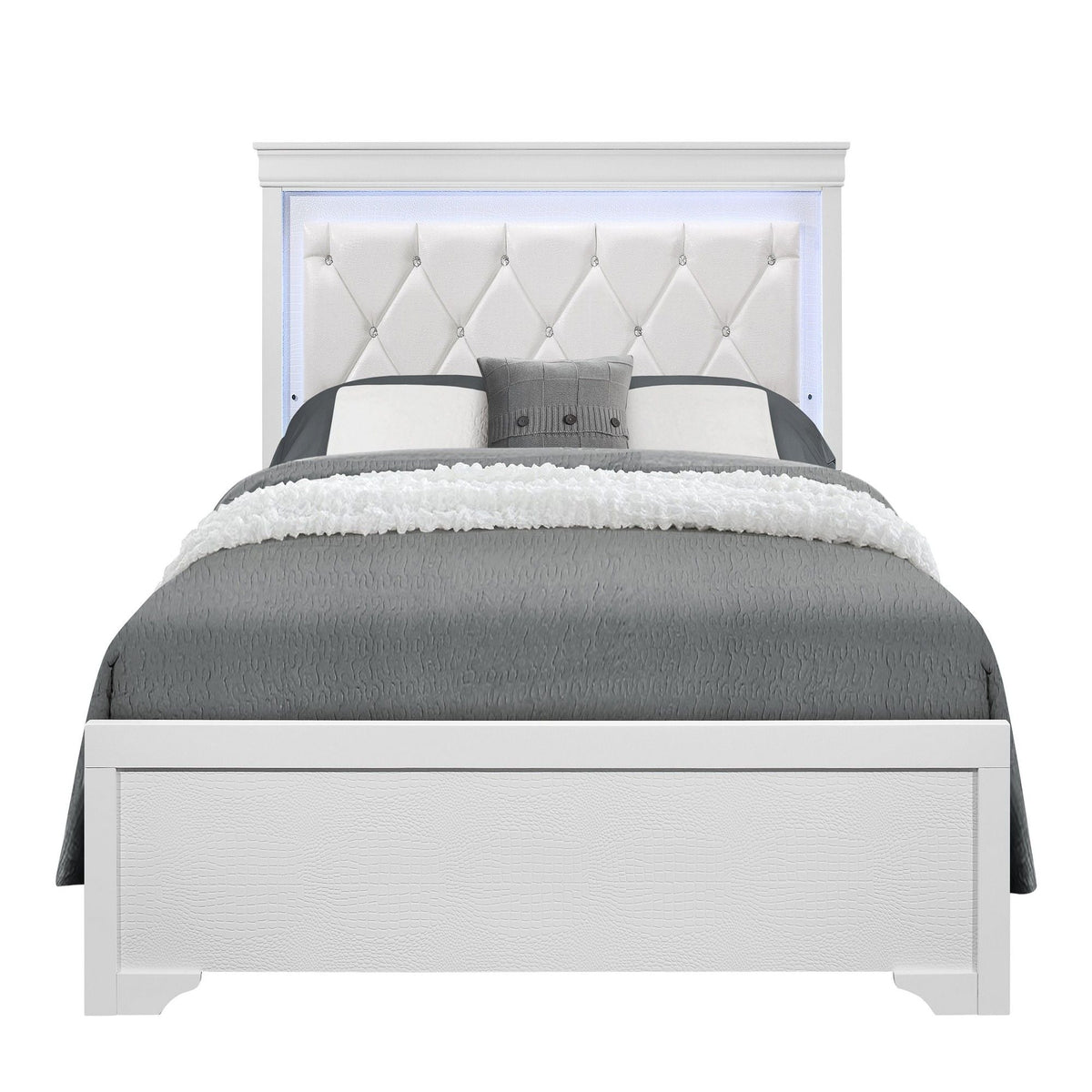 Shaker bed with LED-lit crystal tufted headboard in white faux leather, HouseOfZazla panel bed on Tampa Home & Garden Store