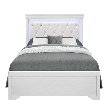 Shaker bed with LED-lit crystal tufted headboard in white faux leather, HouseOfZazla panel bed on Tampa Home & Garden Store