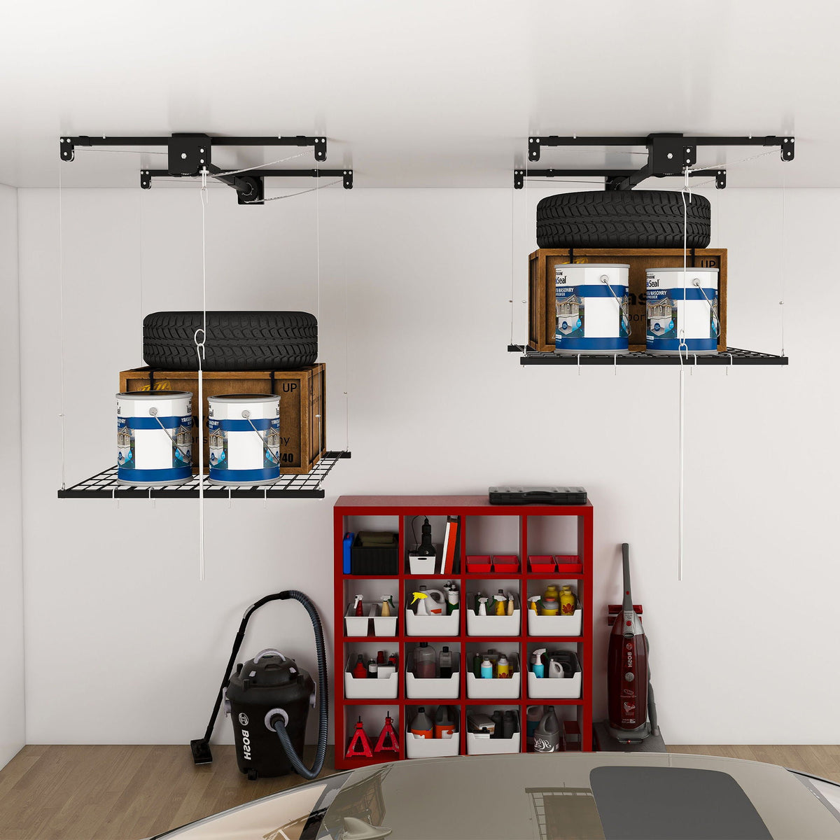 Overhead garage storage rack with crank system, black finish, ceiling-mounted by HouseOfZazla on Tampa Home & Garden Store