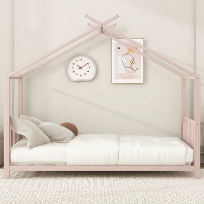 Metal House Platform Bed pink metal canopy cross beams white bedding Unique Piece Furniture on Tampa Home & Garden Store