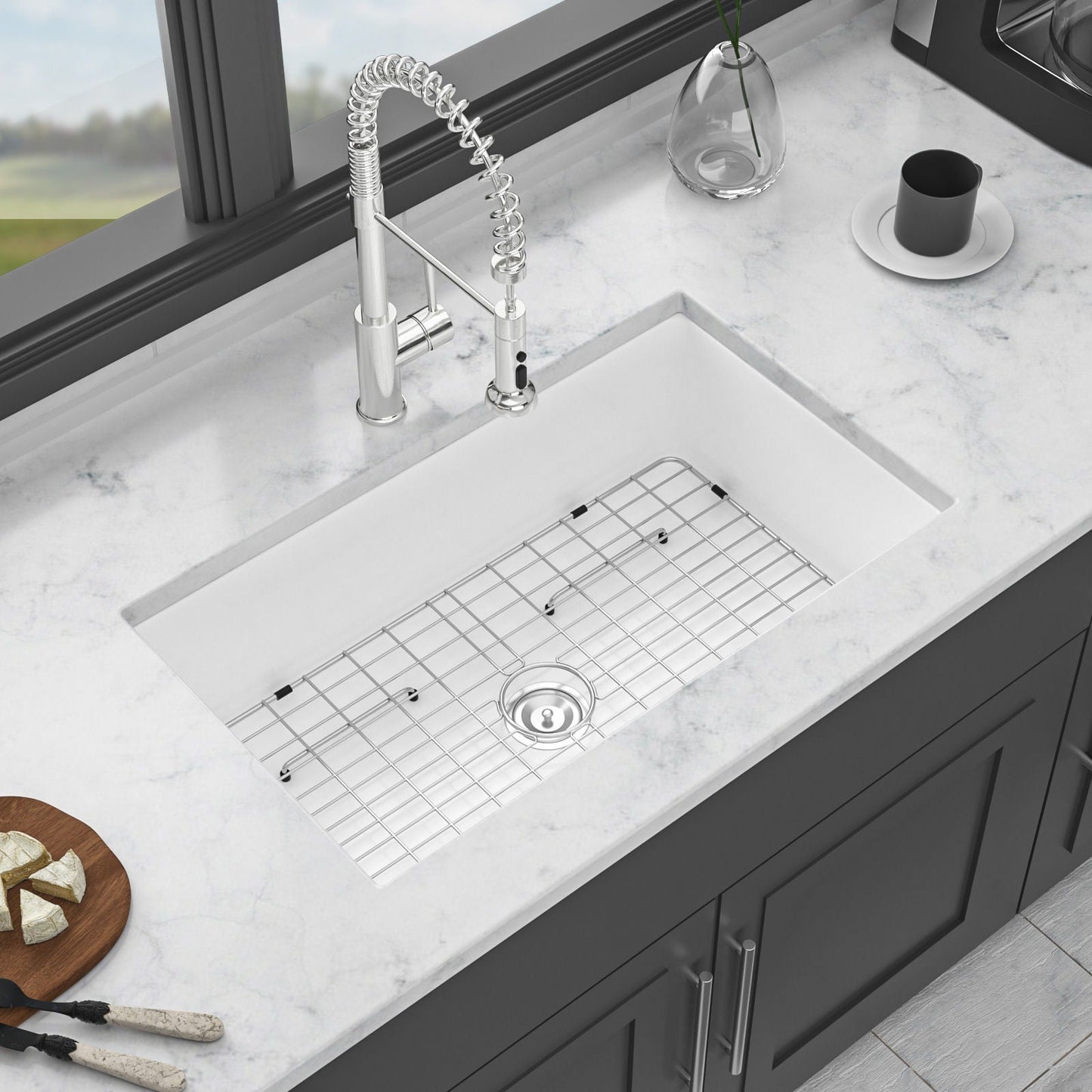 Elegant farmhouse apron-front ceramic kitchen sink with chrome spring-coil faucet on Tampa Home & Garden Store