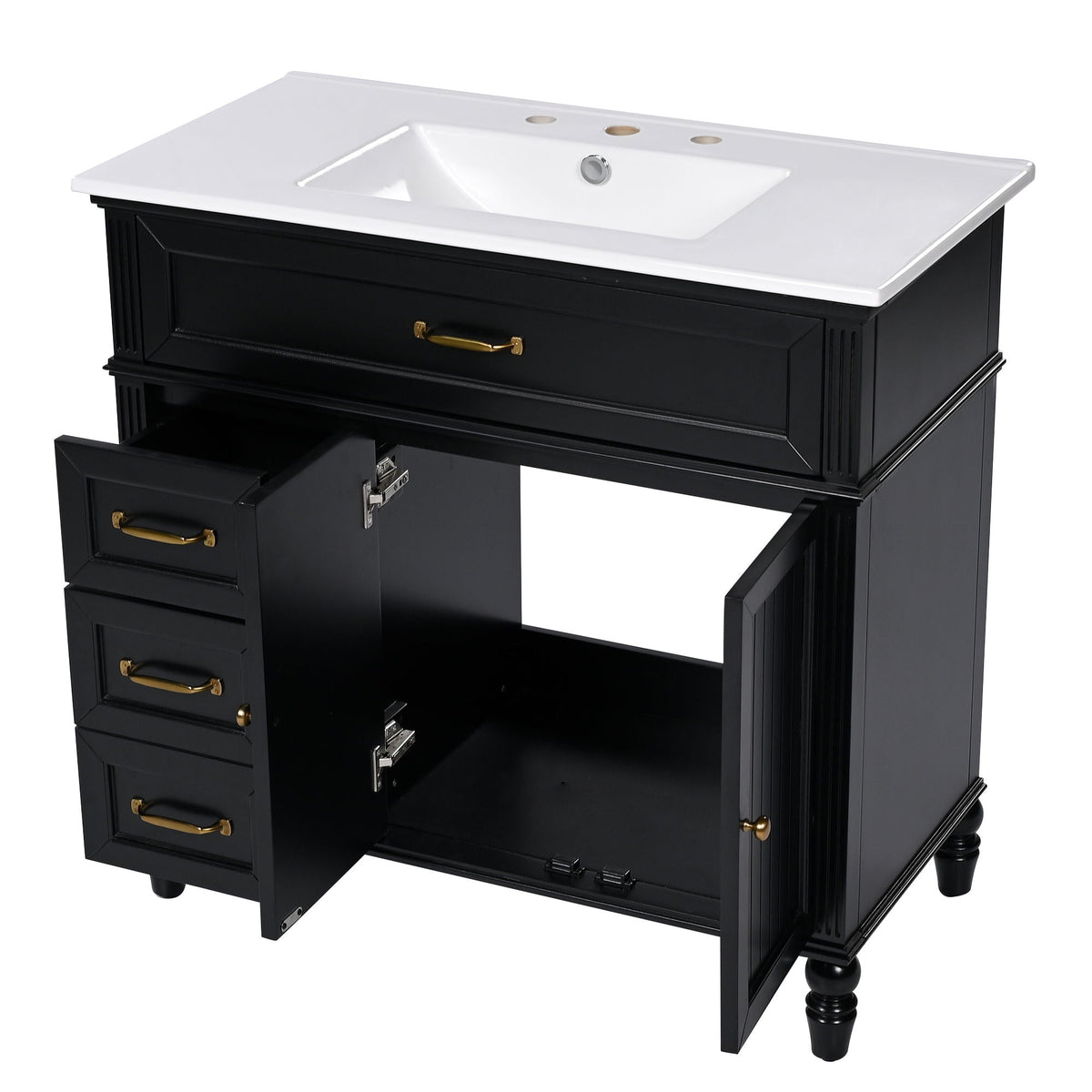 Bathroom vanity with sink, HouseOfZazla black wood cabinet, white top, drawers and gold hardware on Tampa Home & Garden Store