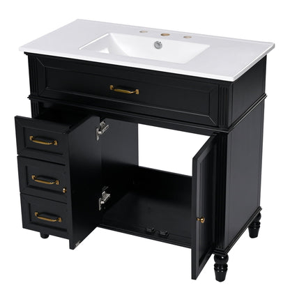 Bathroom vanity with sink, HouseOfZazla black wood cabinet, white top, drawers and gold hardware on Tampa Home & Garden Store