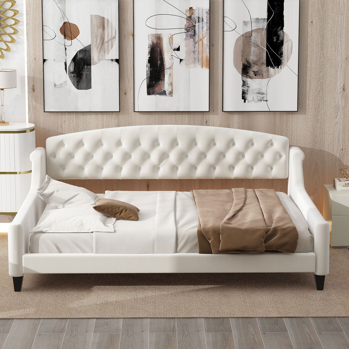 Modern Tufted Button Daybed white tufted upholstery with dark wood legs by HouseOfZazla on Tampa Home & Garden Store