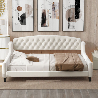 Modern Tufted Button Daybed white tufted upholstery with dark wood legs by HouseOfZazla on Tampa Home & Garden Store