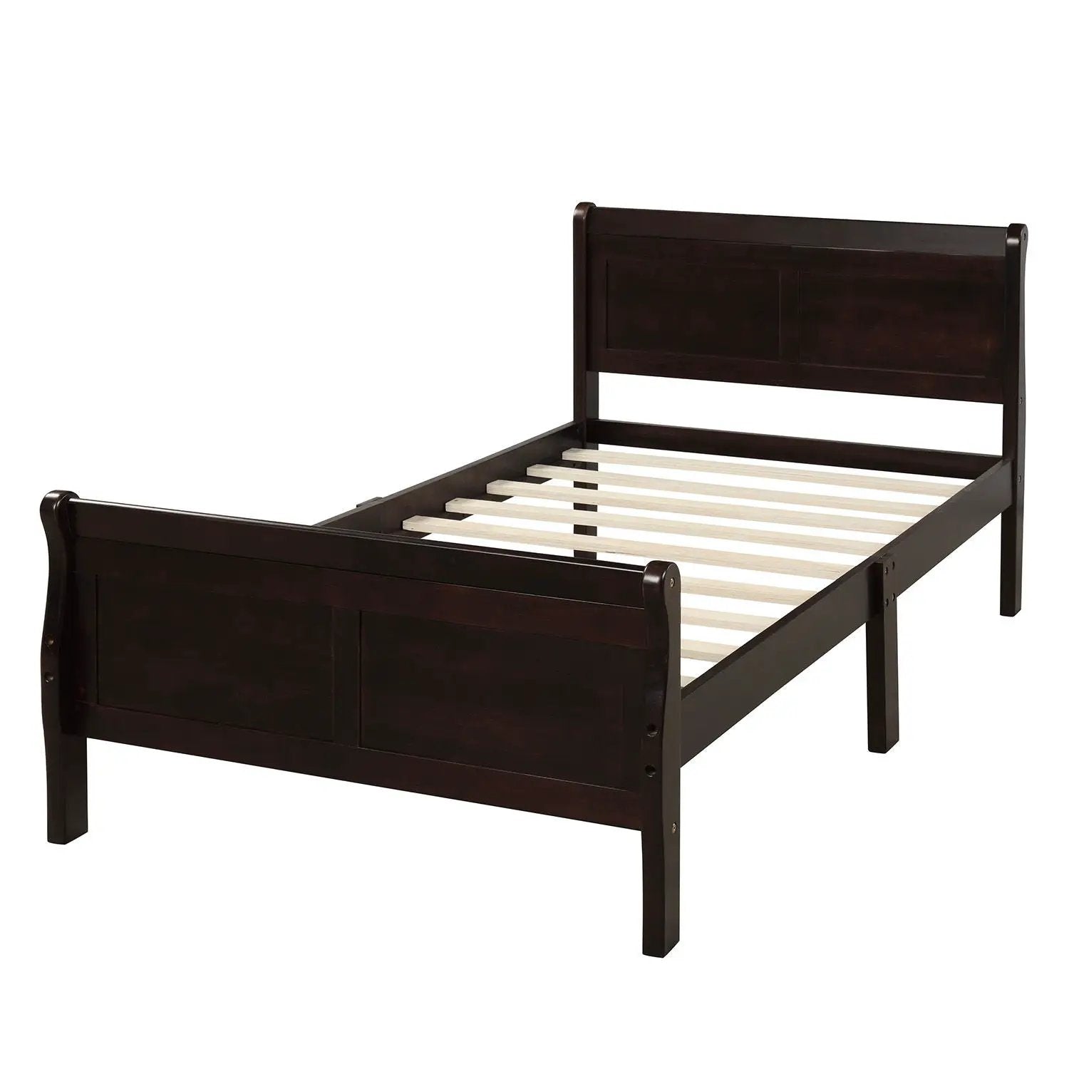 Dark brown platform bed frame with headboard and footboard, wood slat support by Unique Piece Furniture on Tampa Home & Garden Store