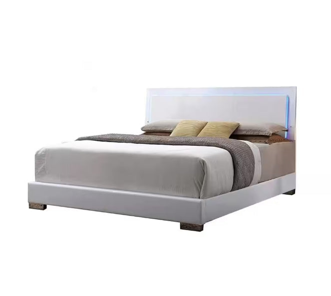 Lorimar White Faux Leather Panel Bed with LED-lit headboard by HouseOfZazla on Tampa Home & Garden Store