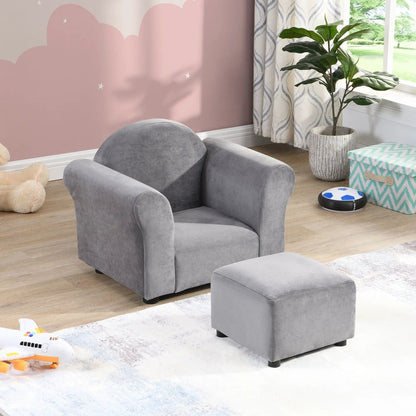 Kids recliner chair with ottoman in gray fabric in a cozy playroom with a plant and soft toys on Tampa Home & Garden Store