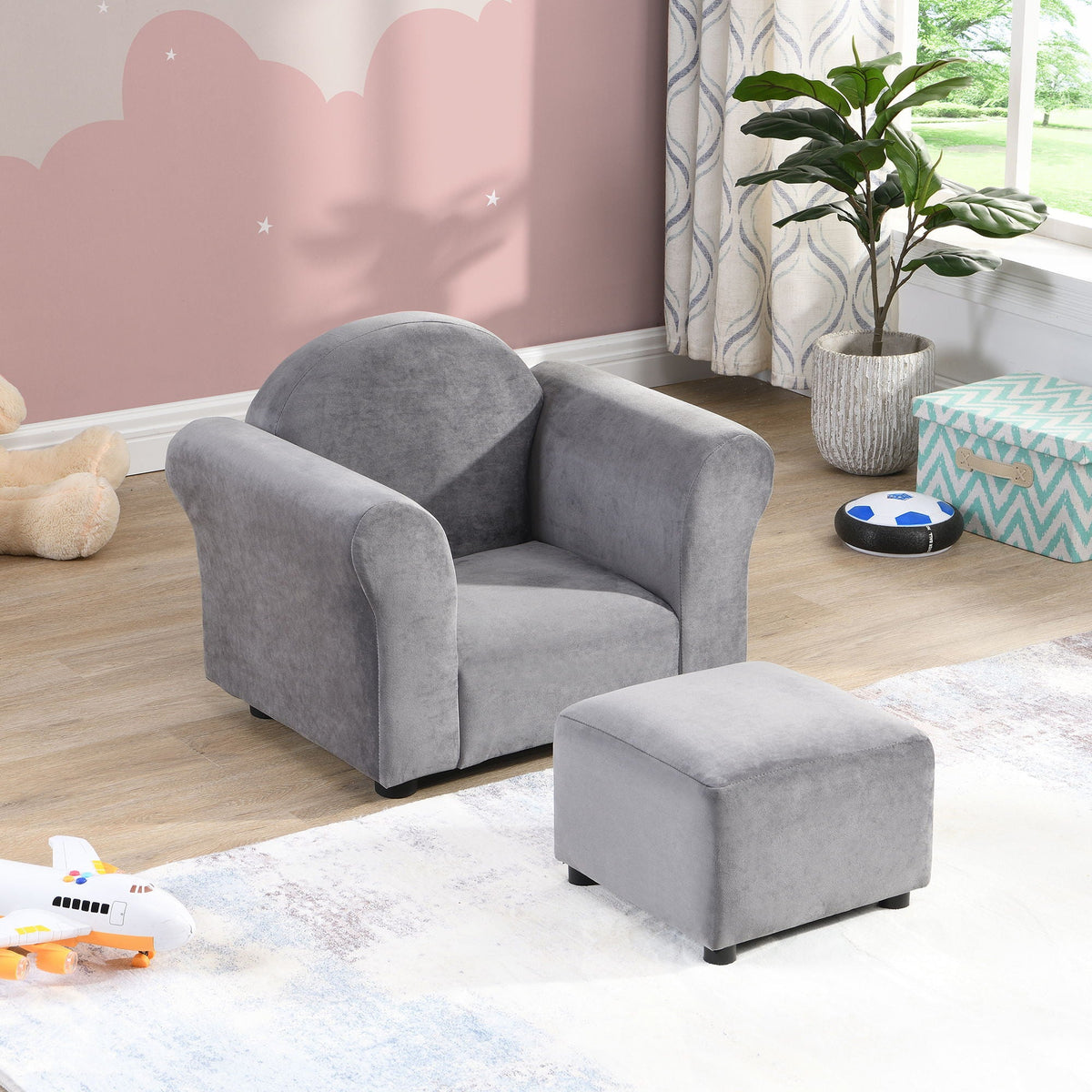Kids Gray Upholstered Recliner Chair and Ottoman