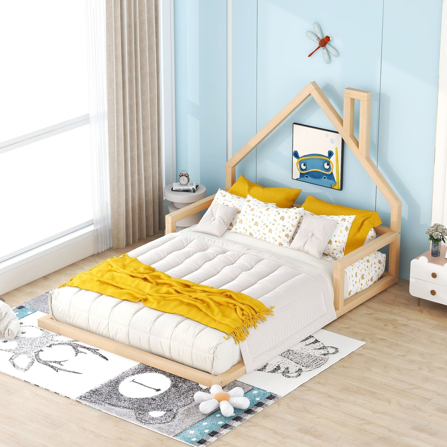 Elegant floor bed with house-shaped headboard, light wood twin platform by HouseOfZazla on Tampa Home & Garden Store
