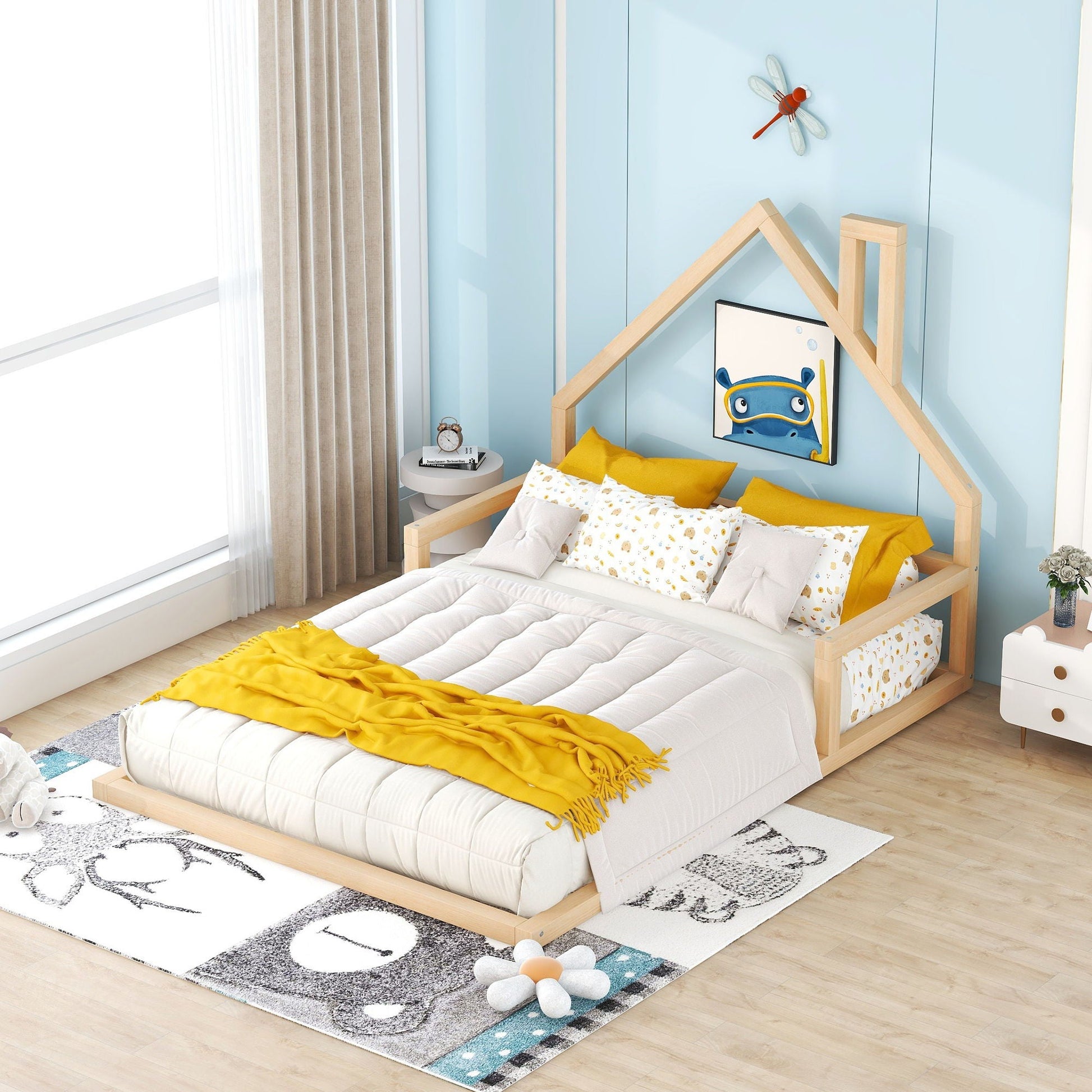 Elegant floor bed with house-shaped headboard, light wood twin platform by HouseOfZazla on Tampa Home & Garden Store