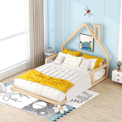 Elegant floor bed with house-shaped headboard, light wood twin platform by HouseOfZazla on Tampa Home & Garden Store