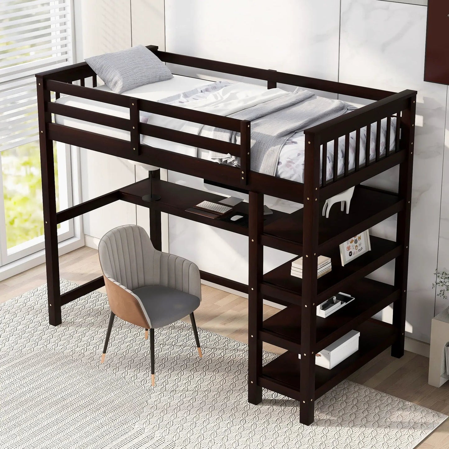 Loft Bed with Storage Shelves and Under Bed Desk
