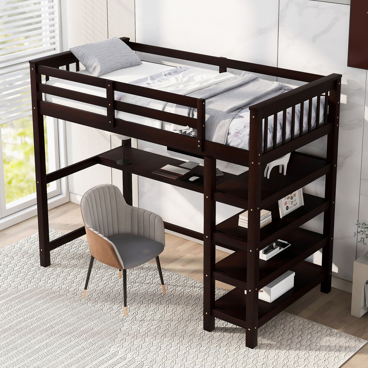Loft bed with storage shelves and under-bed desk in dark brown wood on Tampa Home & Garden Store