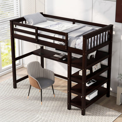 Loft bed with storage shelves and under-bed desk in dark brown wood on Tampa Home & Garden Store