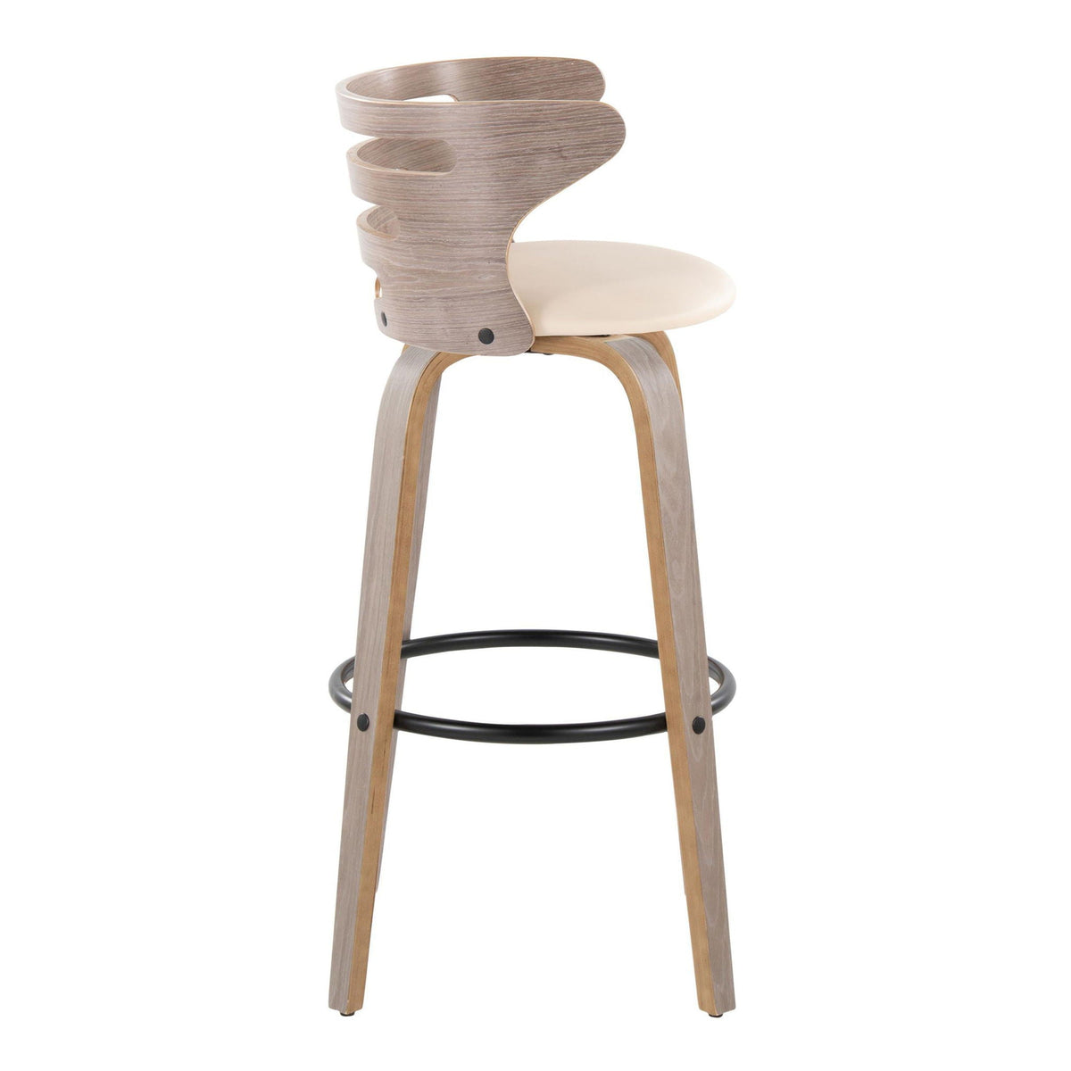Mid century modern barstool with beige upholstered seat, curved wood back, natural legs, footring on Tampa Home & Garden Store