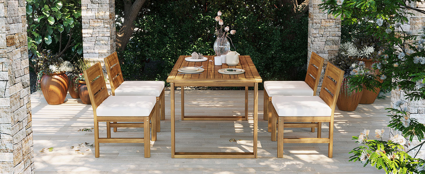 U_STYLE Farmhouse 5-Piece Outdoor Patio Dining Set by HouseOfZazla wood with white cushions on Tampa Home & Garden Store