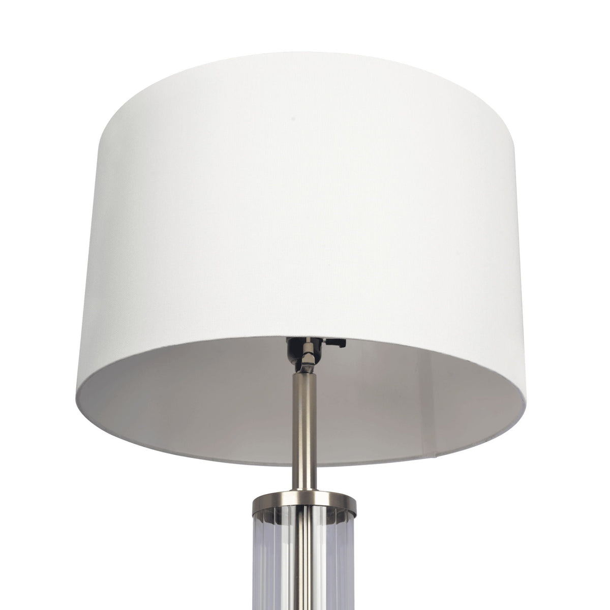 Nimbus floor lamp by HouseOfZazla with white fabric shade and clear ribbed glass column on Tampa Home & Garden Store