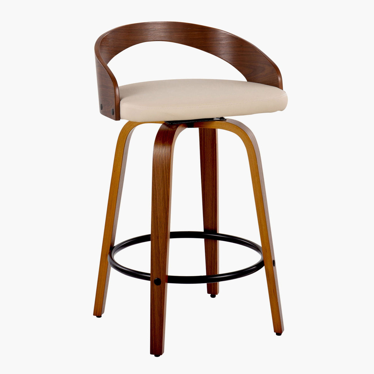 Counter stools set of 2, mid century dark wood with beige cushions, swivel and footrest on Tampa Home & Garden Store