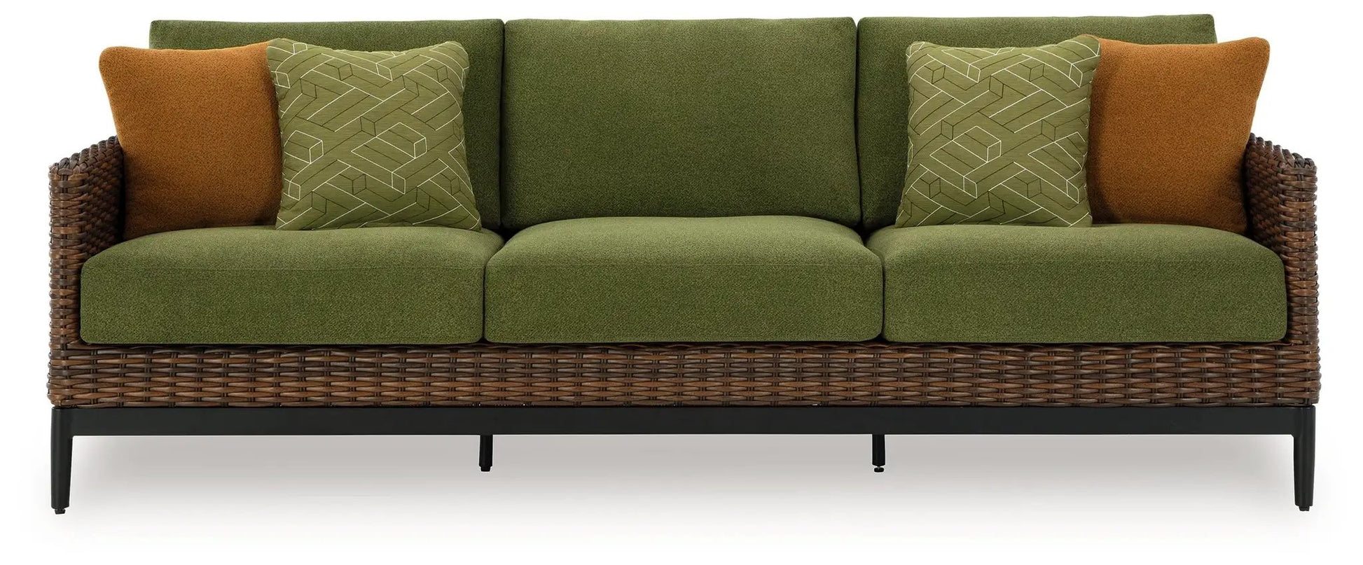 Horizon Hall sofa with green upholstery, two brown accent pillows, and wicker frame on Tampa Home & Garden Store