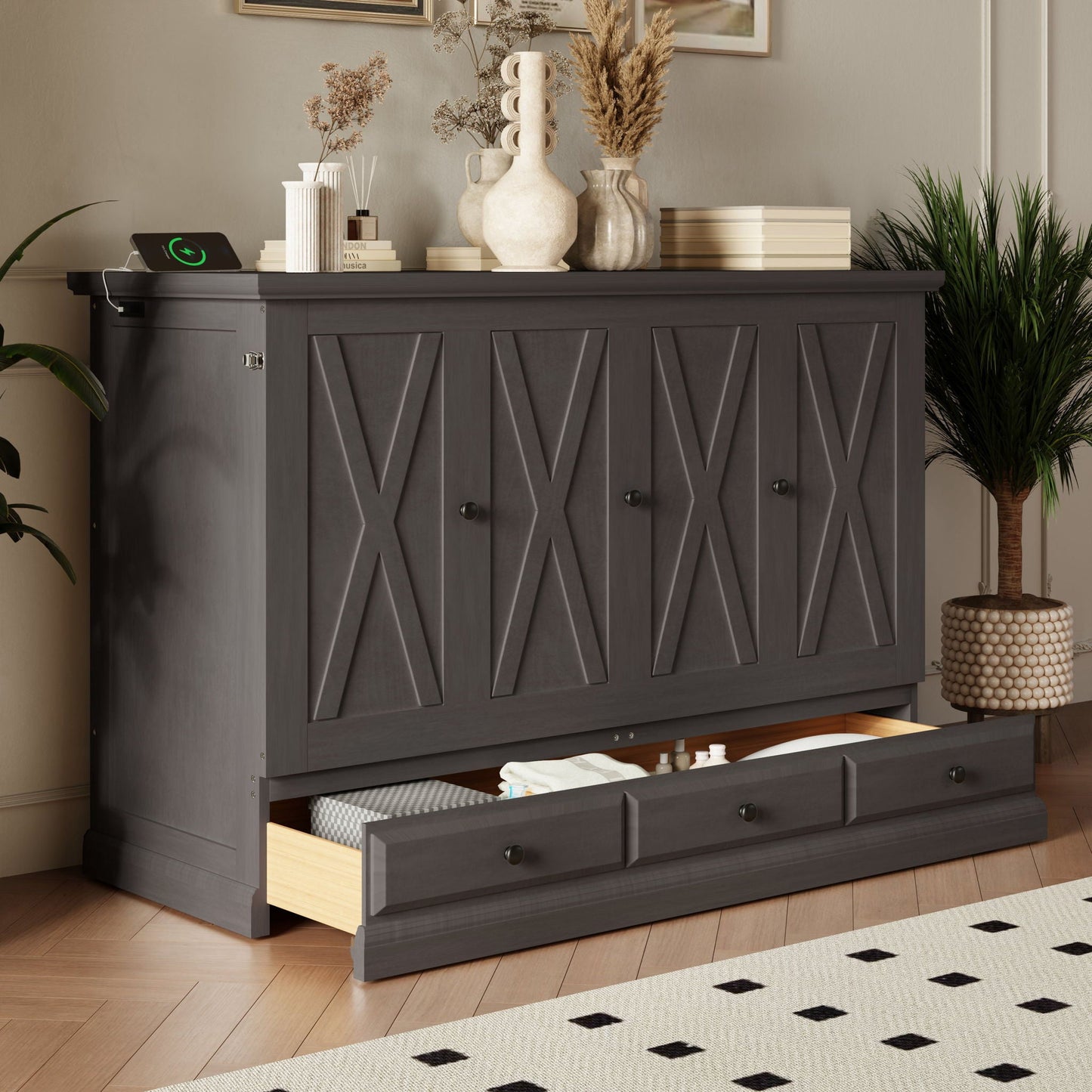 HouseOfZazla Murphy Bed Chest Cube Cabinet Bed dark gray with charging and storage drawer on Tampa Home & Garden Store