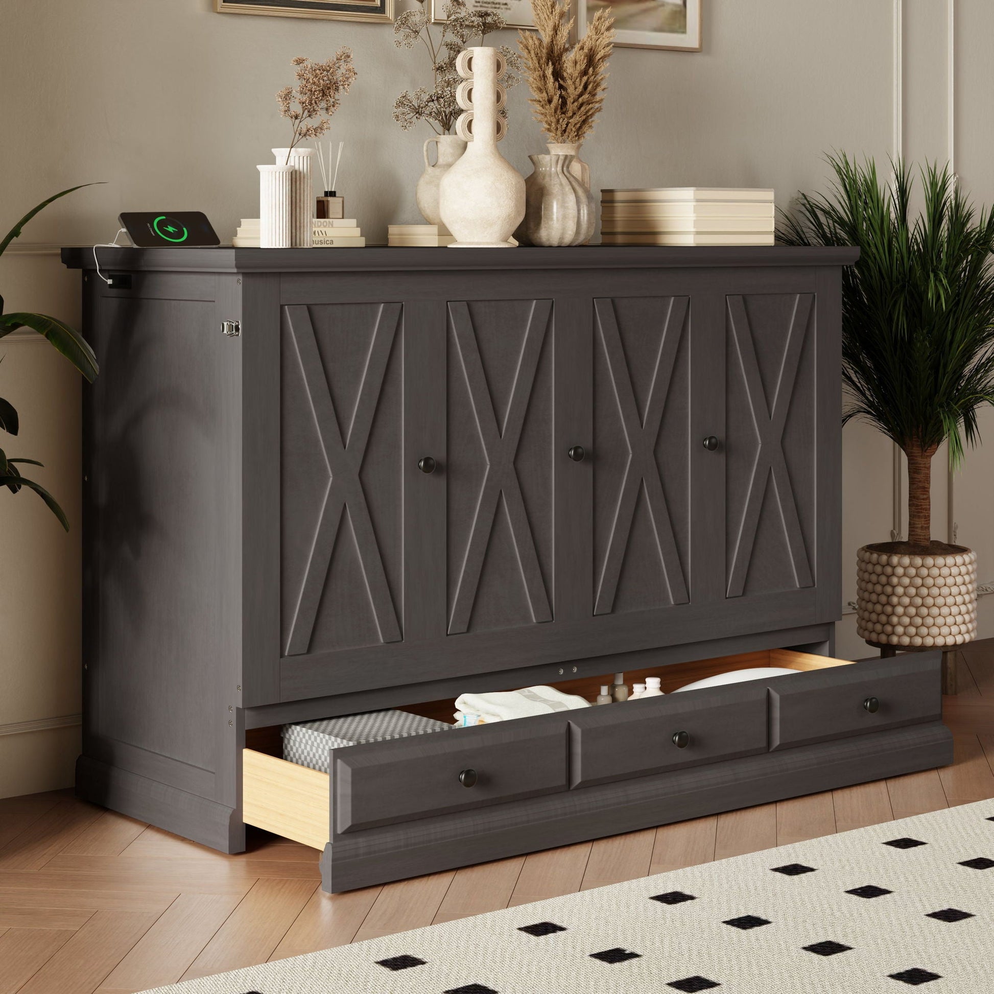 HouseOfZazla Murphy Bed Chest Cube Cabinet Bed dark gray with charging and storage drawer on Tampa Home & Garden Store