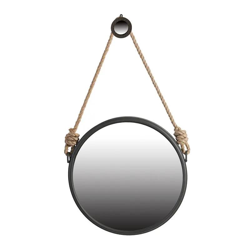 Handsome Cleveland Mirror with rope strap, round black metal frame for wall decor on Tampa Home & Garden Store