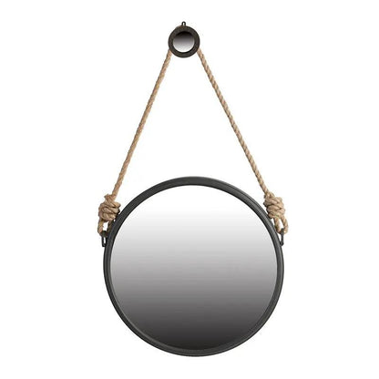 Handsome Cleveland Mirror with rope strap, round black metal frame for wall decor on Tampa Home & Garden Store