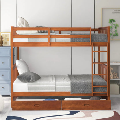 Bunk bed with ladders and 2 storage drawers by Unique Piece Furniture in warm wood finish on Tampa Home & Garden Store