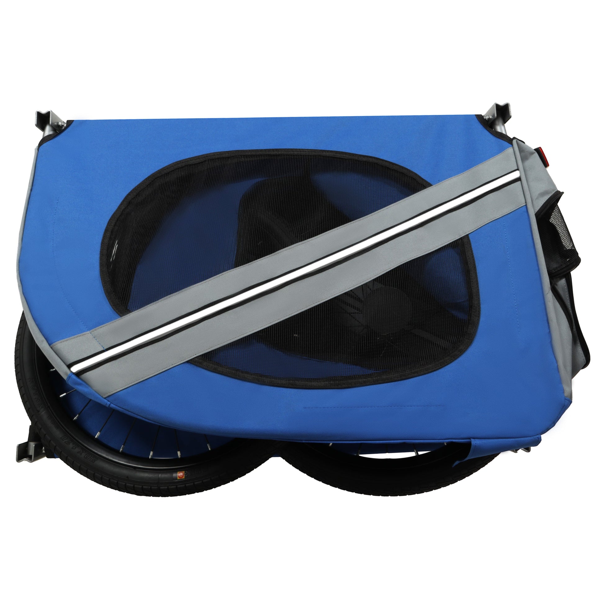 Large folding bike trailer for dogs by HouseOfZazla in blue with mesh window and reflective gray trim on Tampa Home & Garden Store
