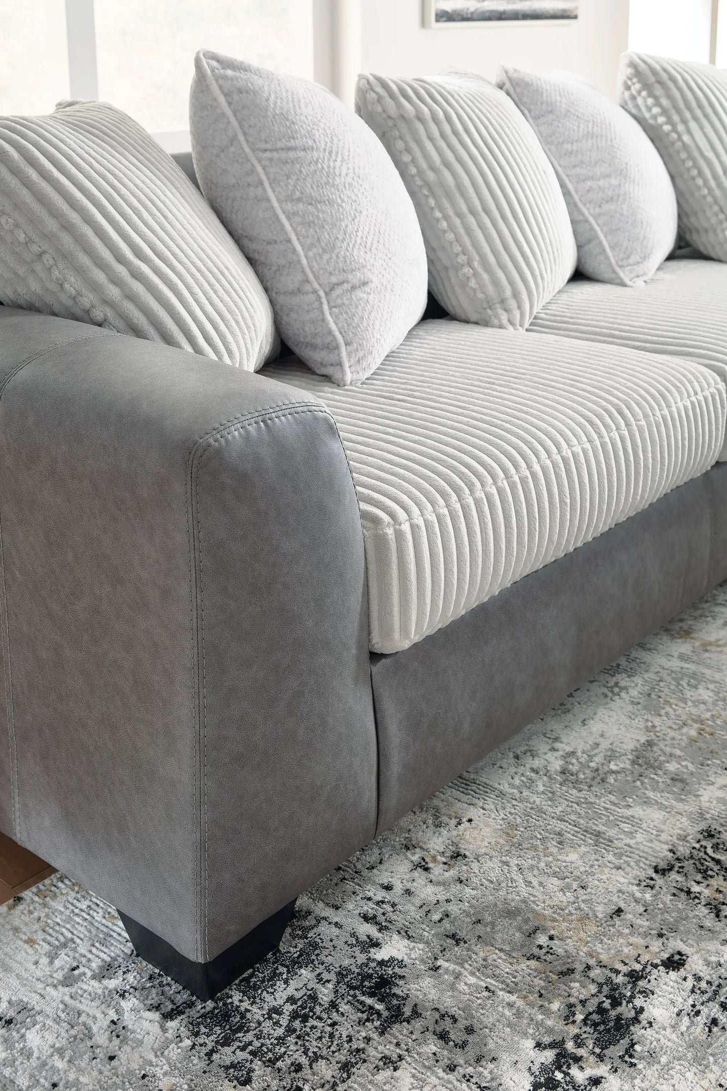 Clairette Court Stationary Sectional by Unique Piece Furniture, gray corduroy ribbed cushions on Tampa Home & Garden Store