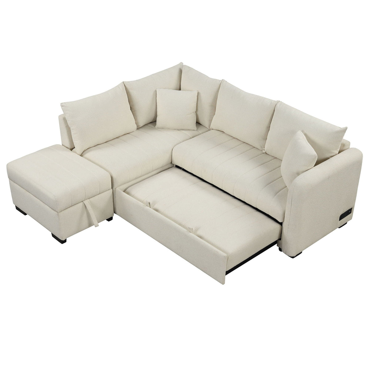 L-shaped sleeper sectional sofa in cream fabric with movable storage ottoman on Tampa Home & Garden Store