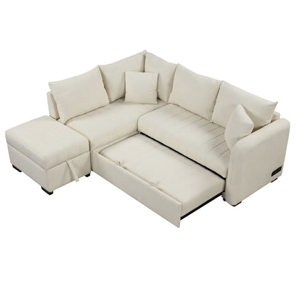 L-shaped sleeper sectional sofa in cream fabric with movable storage ottoman on Tampa Home & Garden Store
