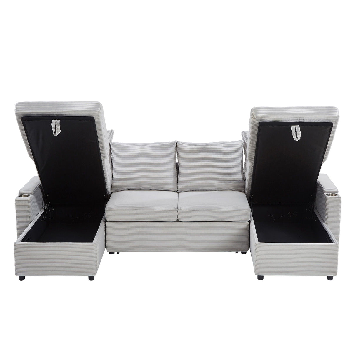 U shaped sectional sofa bed with storage ottomans, gray striped upholstery, cup holders on Tampa Home & Garden Store