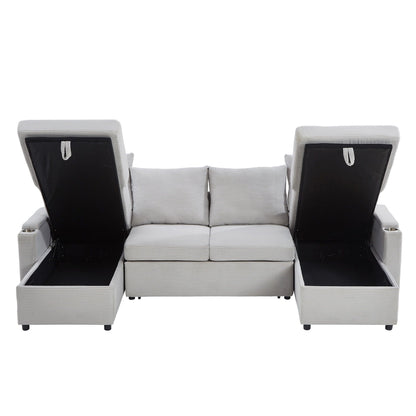 U shaped sectional sofa bed with storage ottomans, gray striped upholstery, cup holders on Tampa Home & Garden Store