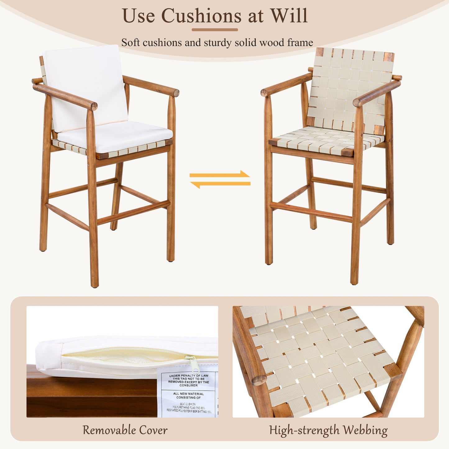 Outdoor Counter Height Bar Stools set of 2 with Cushions; left white, right beige woven seat on Tampa Home & Garden Store