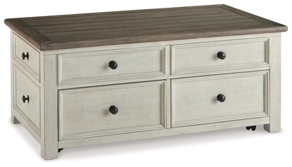 Bolanburg Lift Top Cocktail Table whitewashed with dark brown top and 4 black-knob drawers on Tampa Home & Garden Store