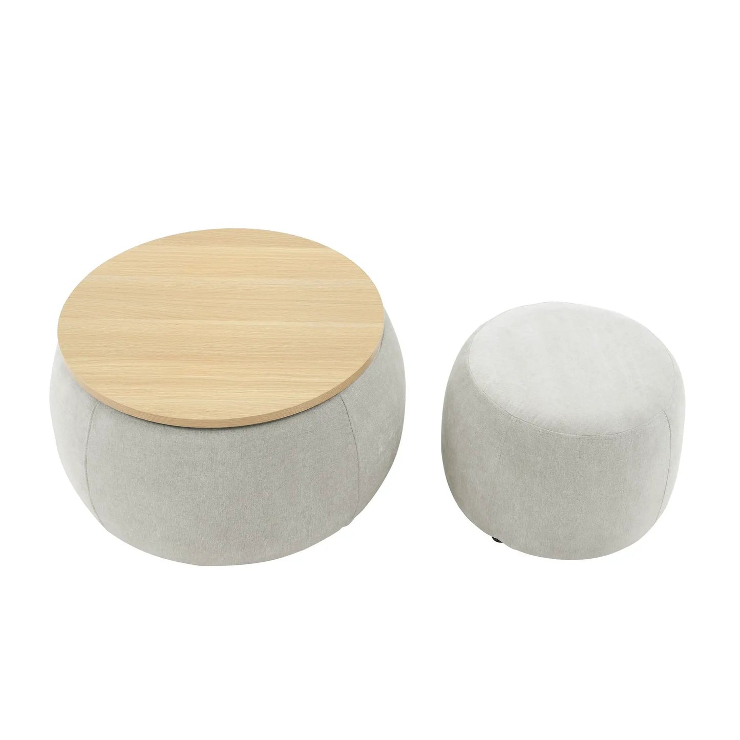 Three round storage ottomans with wood lid and gray fabric, 2-in-1 end table ottoman set on Tampa Home & Garden Store