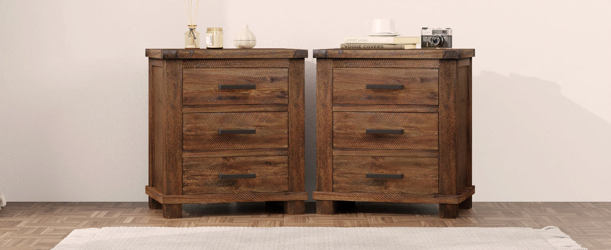 Rustic three-drawer reclaimed solid wood farmhouse nightstands set of two with dark metal pulls on Tampa Home & Garden Store