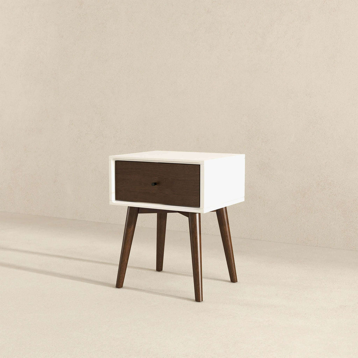 Accent nightstand HouseOfZazla white with dark brown drawer, modern solid wood, tapered legs on Tampa Home & Garden Store