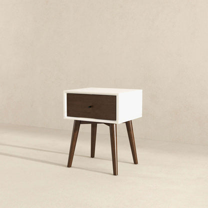 Accent nightstand HouseOfZazla white with dark brown drawer, modern solid wood, tapered legs on Tampa Home & Garden Store