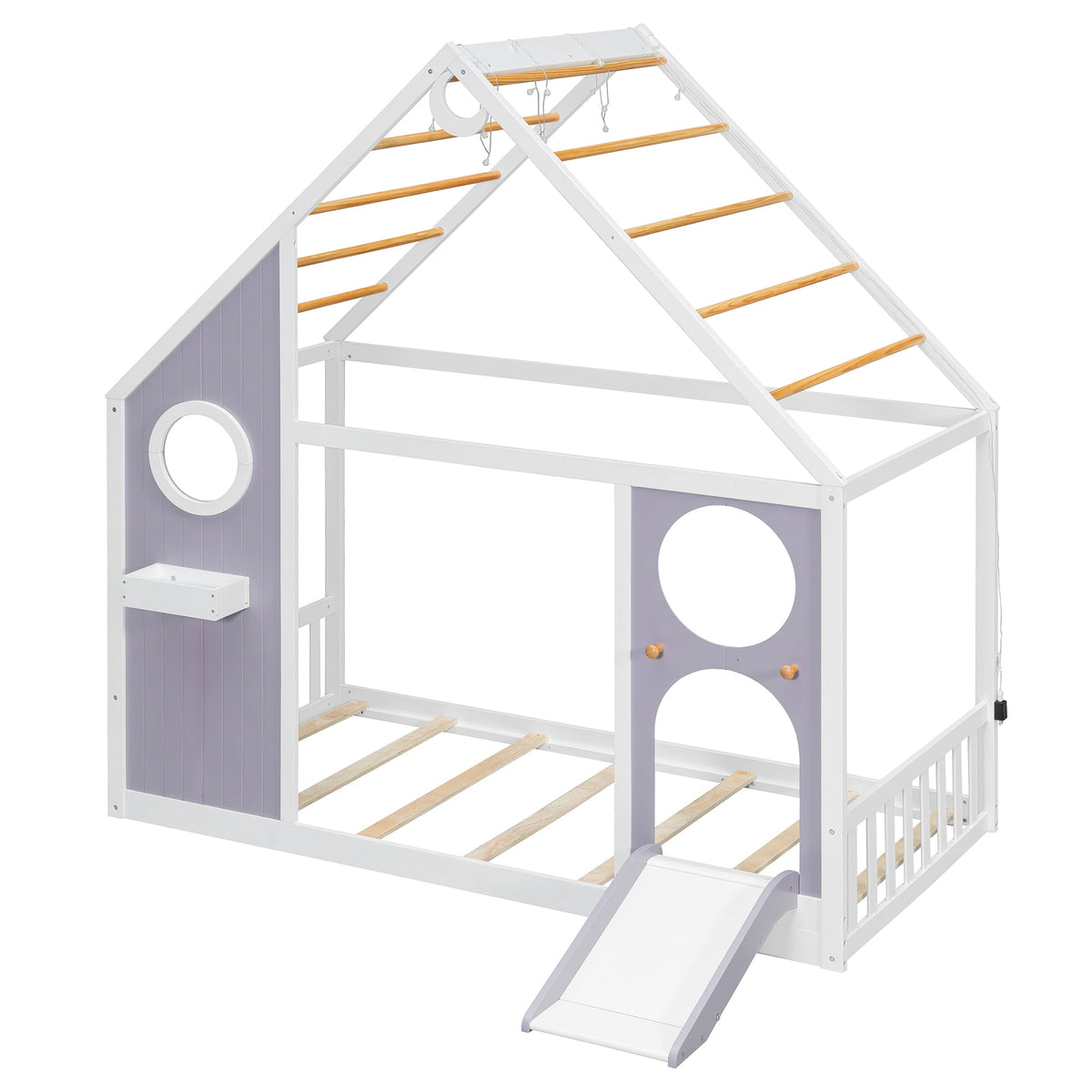 HouseOfZazla twin house bed with slide, white frame and lavender panels, wooden ladder rungs on Tampa Home & Garden Store