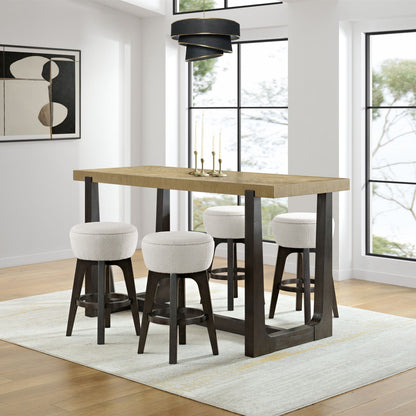 Bar table with trestle base in light brown solid wood, dark legs; white upholstered stools on Tampa Home & Garden Store