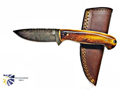 Damascus Hunting Knife TD-204 by Titan, swirl-pattern blade, brown wood handle with leather sheath on Tampa Home & Garden Store