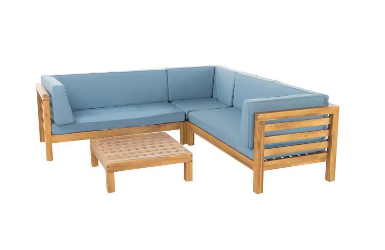 Oana outdoor wooden sectional sofa set with blue cushions and coffee table by HouseOfZazla on Tampa Home & Garden Store