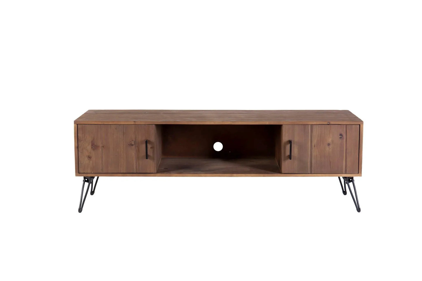 Industrial reclaimed wood TV stand with storage cabinets, natural finish, open center shelf on Tampa Home & Garden Store
